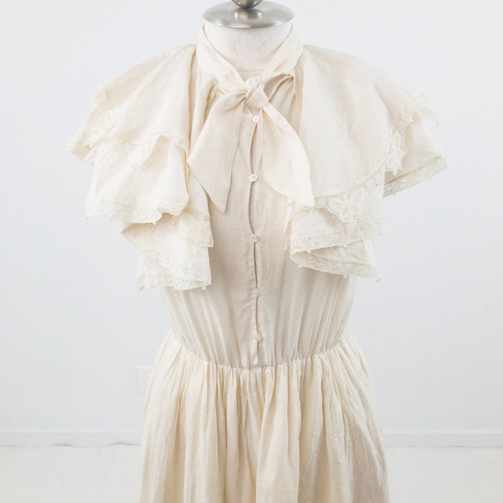 Vintage 80s Couture Lace Collar Prairie Midi Dress - Picture 3 of 11